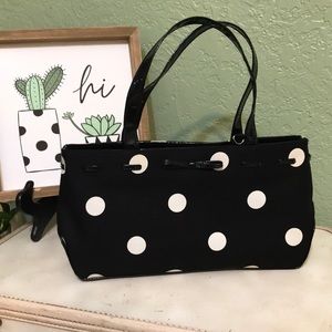 Black & White fun Coin Dot sturdy Cloth Handbag with Patent Leather accents.